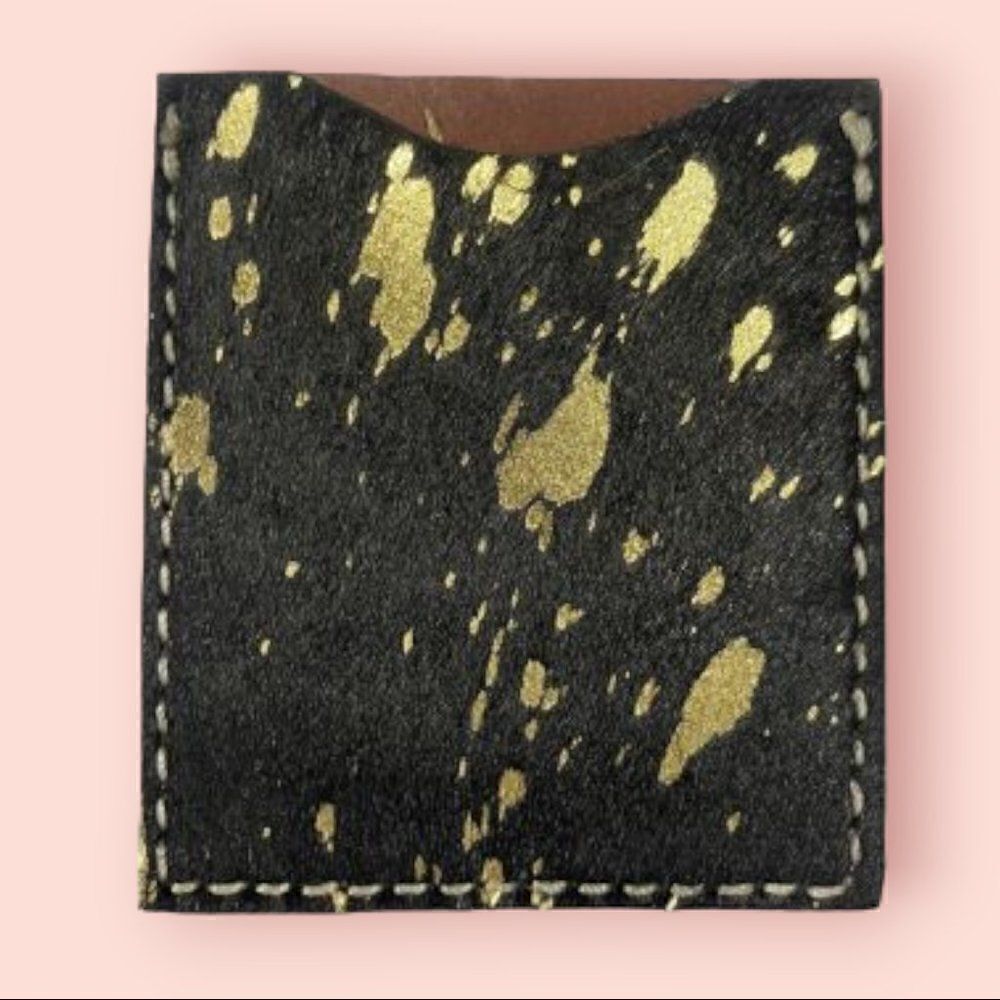 Stick On Card Wallet for Phone or Boots Speckled Cowhide Black Gold